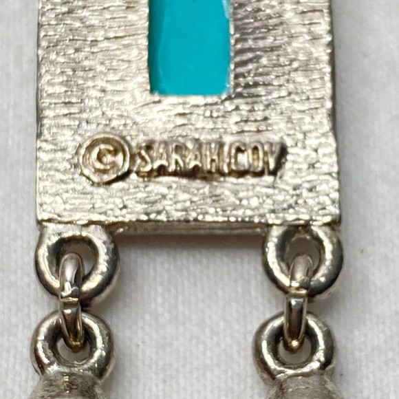 Sarah Covington Pendant Square Silver Tone Green Stone Plates With Tassels - Picture 6 of 7